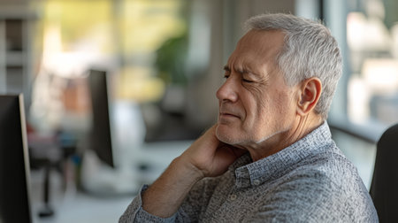 Senior manager massages his neck in pain after working long hours on a computer in the office, showing the stress and tiredness of many office workers todayの素材