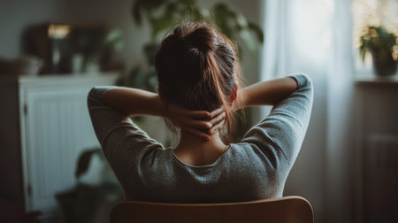 Woman is holding the back of her neck with both hands, showing discomfort and pain. She is sitting on a chair, seen from behindの素材