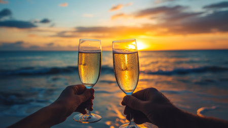 Romantic champagne toast at sunset on the beach, with golden light and ocean waves. Ideal for New Years Eve celebrations.の素材