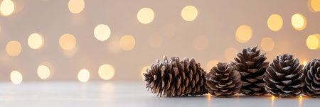 Festive Christmas background featuring pine cones and warm golden lights. Ideal for holiday greetings.の素材