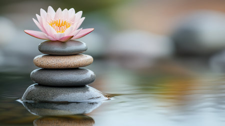 Pink water lily blooms on zen stones over water, creating a serene and calming scene for relaxation and mindfulness. Ideal for spa, yoga, and wellness promotionsの素材
