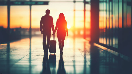 Couple walks hand in hand through a modern airport terminal at sunset, ready for a journey filled with excitement and anticipationの素材
