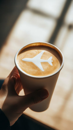 Woman is holding a paper cup of cappuccino with latte art in the shape of an airplane, evoking the excitement and anticipation of air travelの素材