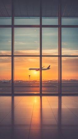 Airplane is landing at sunset, viewed through the windows of an airport terminal, with the sun reflecting on the floorの素材