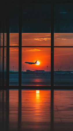 Airplane is taking off at sunset, viewed through the windows of an airport terminal, with the reflection of the sun on the floorの素材