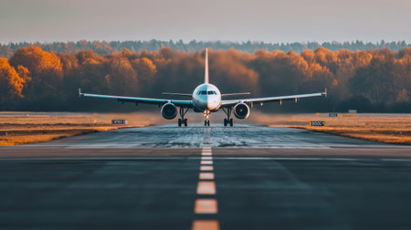 Large passenger airplane is taxiing on the runway after landing at the airport, with the sun setting over the trees in the backgroundの素材