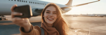 Happy woman takes a selfie at sunset in front of an airplane, ready for her adventureの素材