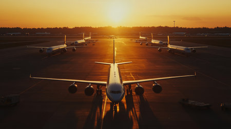 Several passenger airplanes parked on an airport runway at sunset, with a golden sky backdrop symbolizing air travels power and freedomの素材