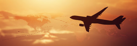 Airplane silhouette soars over a world map at sunset, evoking wanderlust and adventure. The vibrant sky adds magic to this scene of global connections and travelの素材