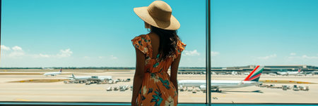 Young woman is looking at airplanes through the window at the airport terminal, waiting to board a plane for her summer vacationの素材