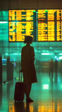 Businesswoman is waiting for her flight in the airport terminal, looking at the timetable to check her gate and departure timeの素材