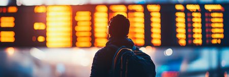 Traveler at the airport, checking flight info and planning journey. Busy terminal with people preparing for adventuresの素材