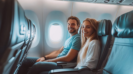 Couple happily flying together, enjoying the journey in cozy airplane seats, gazing out the window with excitement. Creating vacation memories filled with loveの素材