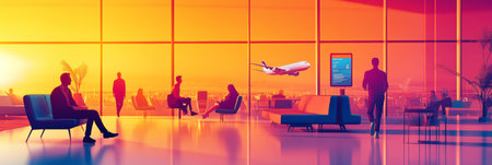 Businesspeople relax in a bustling airport lounge at sunset, with a plane taking off in the background, creating a vibrant travel sceneの素材