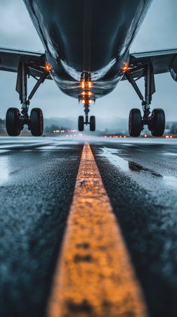 Airplane is taxiing on a wet runway after landing at the airport, with its landing lights illuminating the tarmac. The image evokes a sense of arrival and the excitement of travelの素材