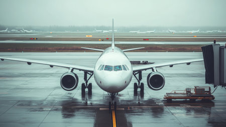 Large passenger airplane is parked at the gate on a rainy day, awaiting its next flight and the passengers who will board itの素材