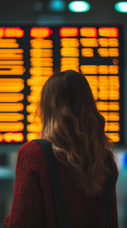 Traveler is looking at the timetable board at the airport, checking her flight information for departure and arrival timesの素材
