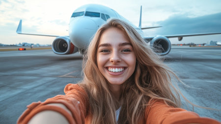 Young woman is taking a selfie with a large passenger airplane in the background at an airport. She is smiling brightly and excited for her tripの素材