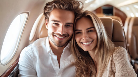 Happy couple on a private jet, enjoying a luxurious trip to a tropical destination. Smiling, in love, surrounded by comfort and exclusive serviceの素材