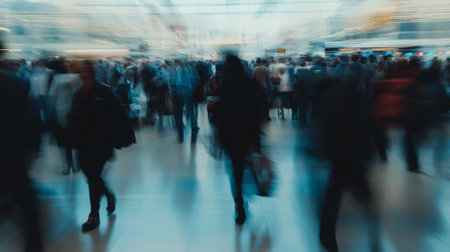 Passengers are walking through a busy airport terminal, creating a blurred effect of motion. The image evokes the hustle and bustle of modern travelの素材