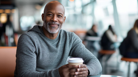 Mature businessman happily enjoys coffee at the airport, looking confident and content in a casual black sweaterの素材