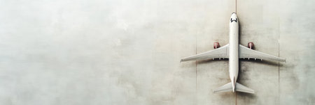 Miniature passenger airplane model on concrete background with copy space, view from above. Concept of travel, transportation or vacationの素材