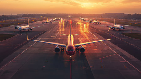 Sun setting, airplanes lined up on airport runway, ready for takeoff. Captures travel hustle, jets preparing to soar. Golden hour light adds drama to aviation industryの素材