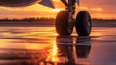 Airplane wheels standing on wet runway reflecting the beautiful colors of the sunset. The image evokes a sense of freedom and adventureの素材