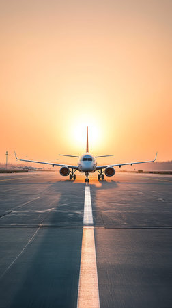Airplane is standing on the runway at sunset, waiting to take off for its next destination. The sky is a beautiful orange and yellow, and the sun is a bright ball of lightの素材