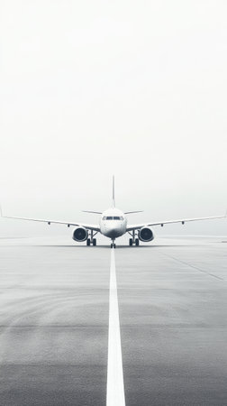 White passenger airplane is standing on an empty airport runway with foggy weather in the background, creating a sense of anticipation and mysteryの素材