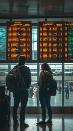 Young couple standing in airport terminal, checking flight departure information on digital board, ready to start their vacationの素材