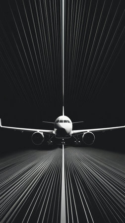 Passenger airplane parked on an airport runway at night, ready to take off, capturing the anticipation of travel and the power of aviationの素材