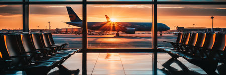 Empty departure lounge of an airport with an airplane standing on the runway outside with the sun setting in the backgroundの素材