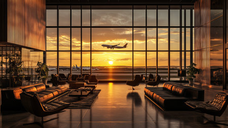 Luxurious airport lounge at sunset with an airplane taking off in the background. The large windows offer a panoramic view of the airfieldの素材