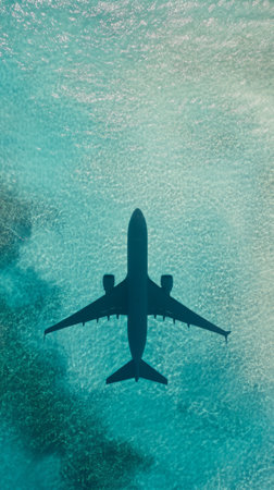 Airplane flies over a tropical sea, casting a shadow on turquoise water, evoking freedom and adventure, inviting viewers to dream of exotic destinations and unforgettable journeysの素材