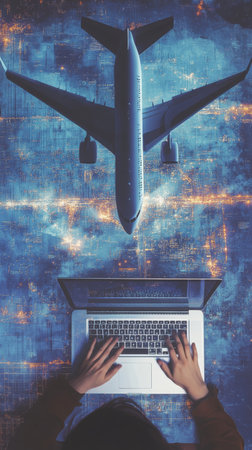 Travel agent working on laptop with aerial view of airplane flying over modern city at night. Concept of business trip, online booking and travel industryの素材
