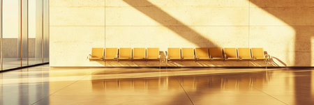 Empty chairs in a modern airport terminal bathed in warm sunlight, creating a cozy and welcoming atmosphere for travelersの素材