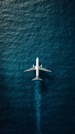 Flying high above the vast ocean, a white airplane leaves a trail of smoke, capturing travel and adventure against fluffy cloudsの素材