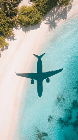 Aerial view of an airplane casting a shadow over a tropical island beach with turquoise water, evoking the concept of travel and vacationの素材