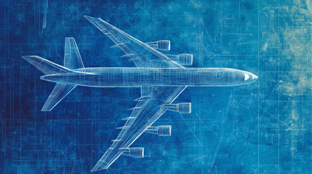 Wireframe model of a passenger airplane is lying on a blueprint, representing the concept aircraft design and aerospace industryの素材