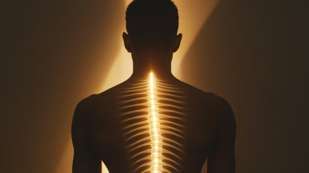 Man poses with a glowing spine, symbolizing back pain and spinal health, showcasing human anatomy and healthcare importanceの素材