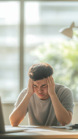 Young man struggles with a headache while working from his home office, battling exhaustion and anxiety. The image reflects mental health challenges in todays fast paced worldの素材