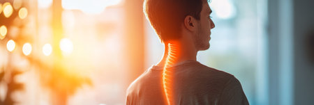 Man is standing with a highlighted spine, depicting discomfort and potential medical concerns related to his posture or overall healthの素材