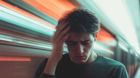 Young man is feeling unwell, experiencing a headache and a sense of depression, amidst the blurred lights of a subway stationの素材