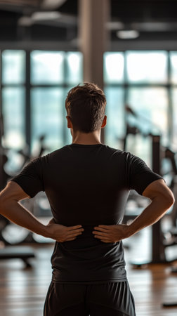 Young athlete at the gym holds his lower back in pain, highlighting the toll intense workouts can take on the bodyの素材
