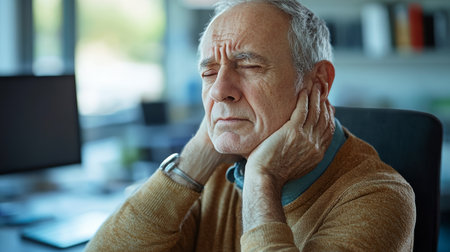 Senior business manager suffering from neck pain while working in the office, he is touching his neck with a painful expressionの素材