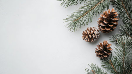 Elegant Christmas background with pine branches and frosted pine cones on a clean white space. Perfect for holiday ads.の素材