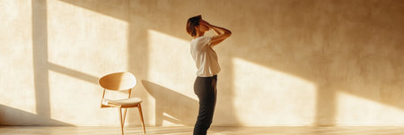 Young woman is standing alone in a room bathed in warm sunlight, holding her head with her hands as if experiencing a headache or a moment of stressの素材