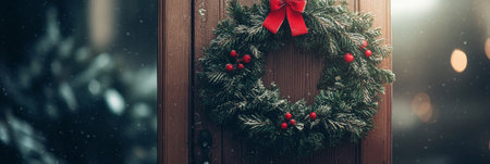 Christmas wreath decorated with a red bow and berries on a wooden door with snow falling. Ideal for welcoming Christmas spirit.の素材