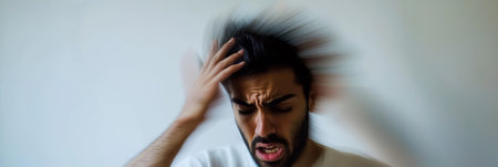Young man holds his head in pain, showing stress and discomfort, conveying mental health struggles visuallyの素材
